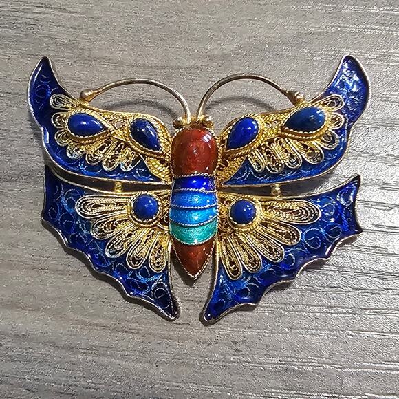 Vintage Plique a Jour Butterfly Brooch Gold Plated Sterling Silver & Lapis